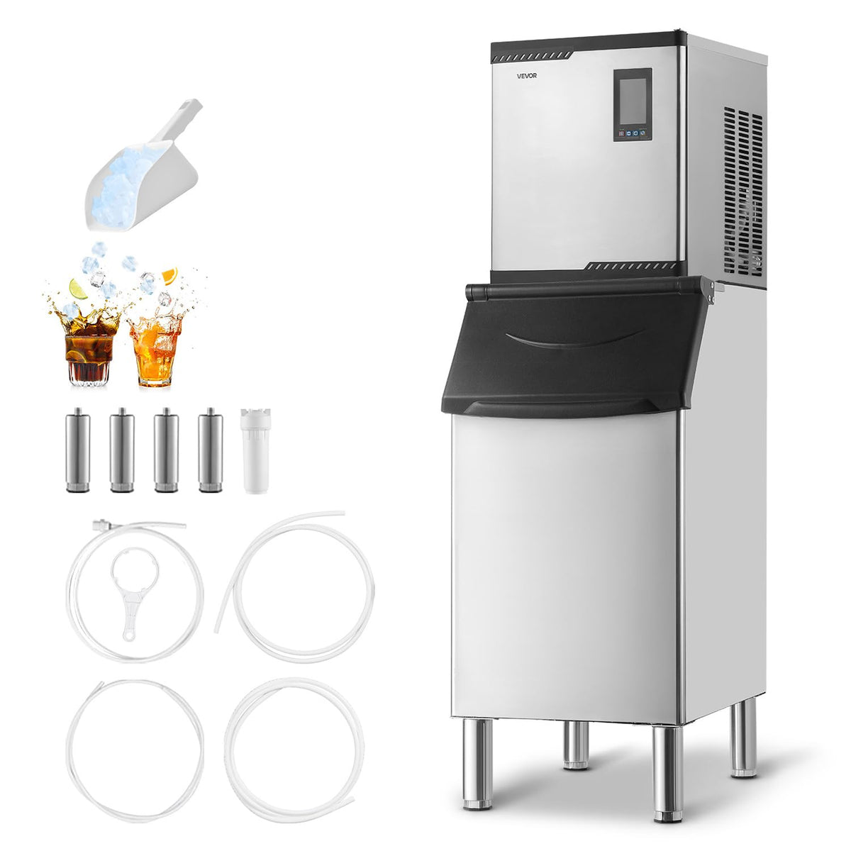 Kostkarka do lodu, VEVOR, 24 L, 500 x 500 x 570 mm, 136 kg, Srebrny, stal nierdzewna