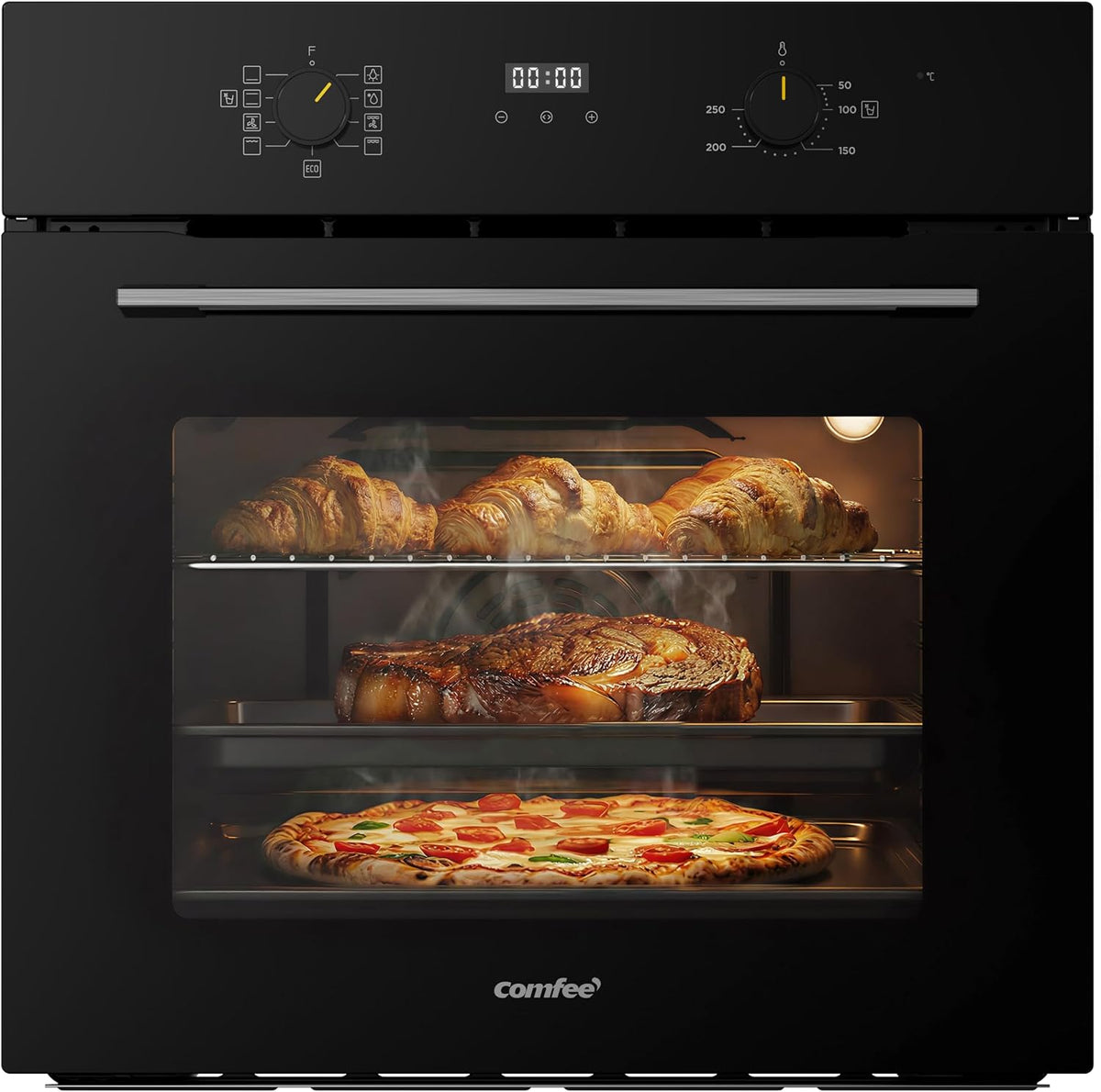 Piekarnik do zabudowy, Comfee, 60 cm, 70 l, 3 kW, Czarny, oświetlenie LED, funkcja grilla