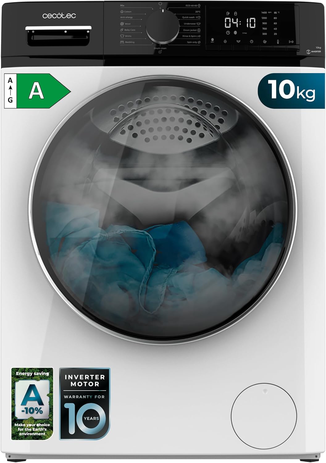 Cecotec, Pralka, 10 kg, 1400 obr./min, Biały/Czarny