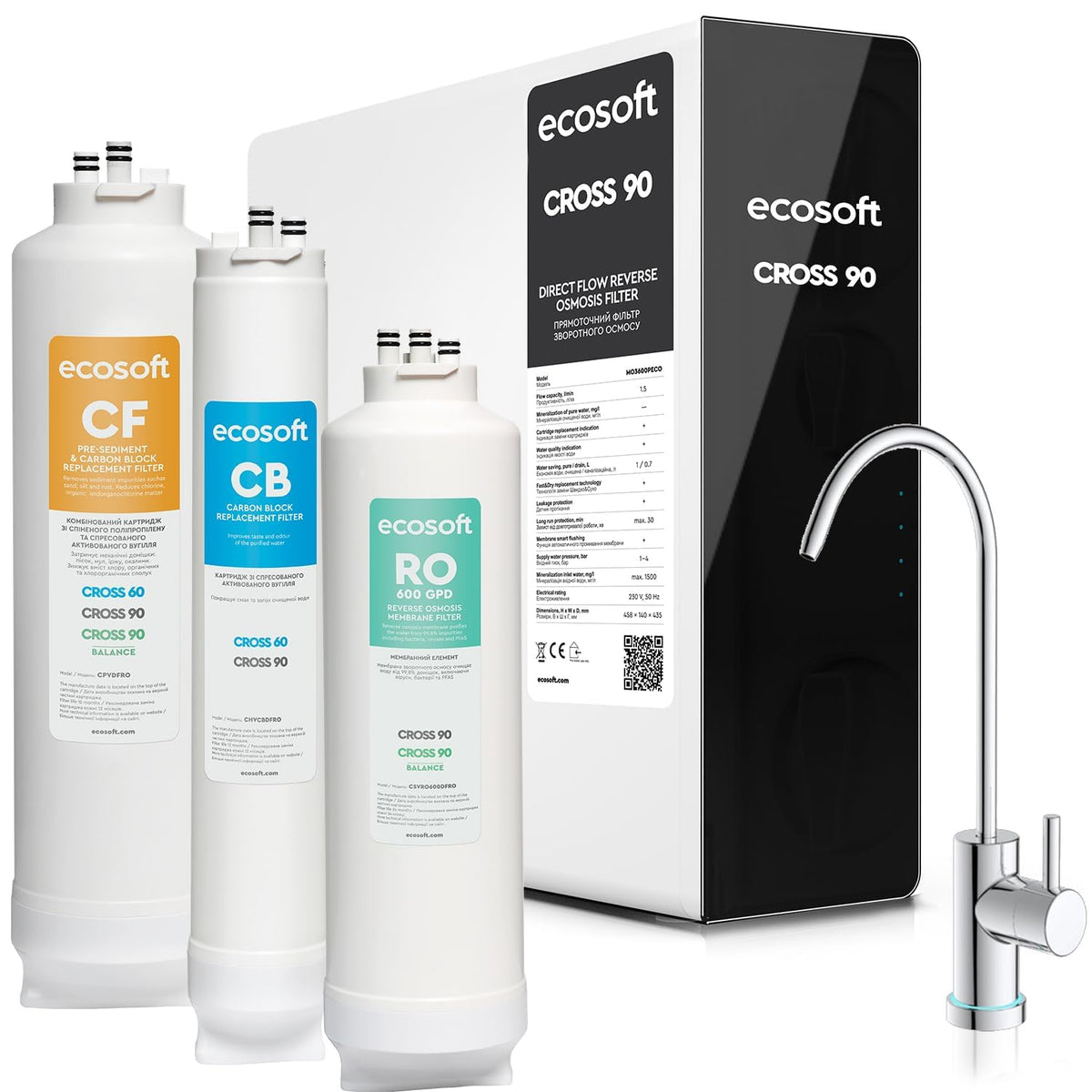 ecosoft, Oczyszczarki wody, CROSS90, 1.5 l, 5 bar, Czarny, metal, oświetlenie LED