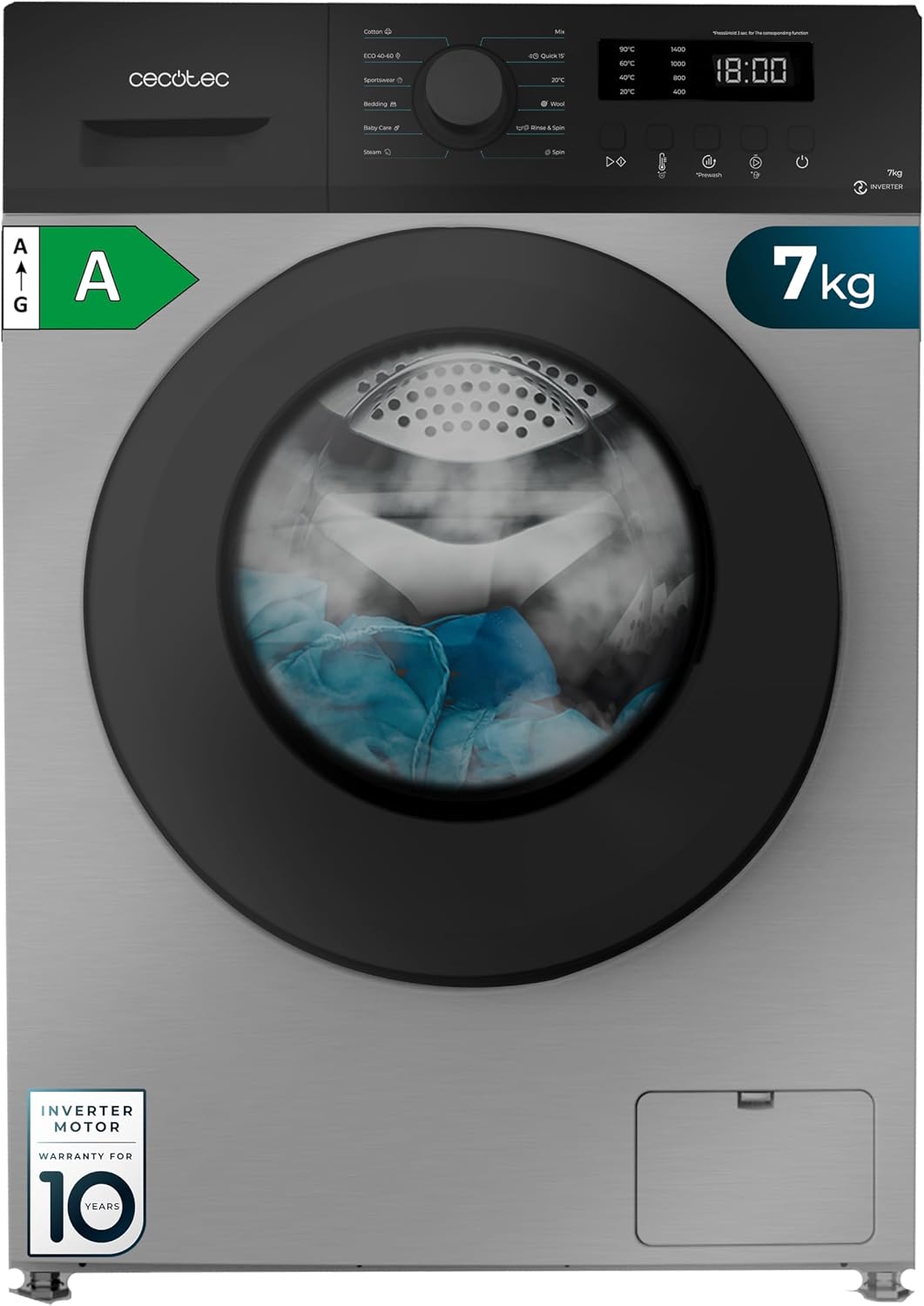 Cecotec, Pralka, 7 kg, 1400 obr./min, Czarny/Srebrny, oświetlenie LED